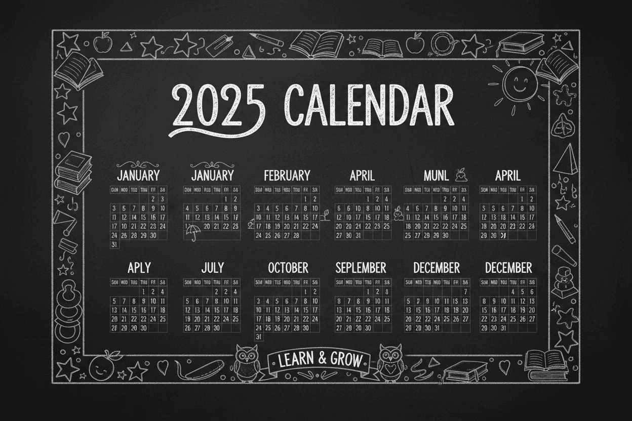 장난스러운 낙서가 있는 칠판 스타일의 손으로 그린 2025년 달력.