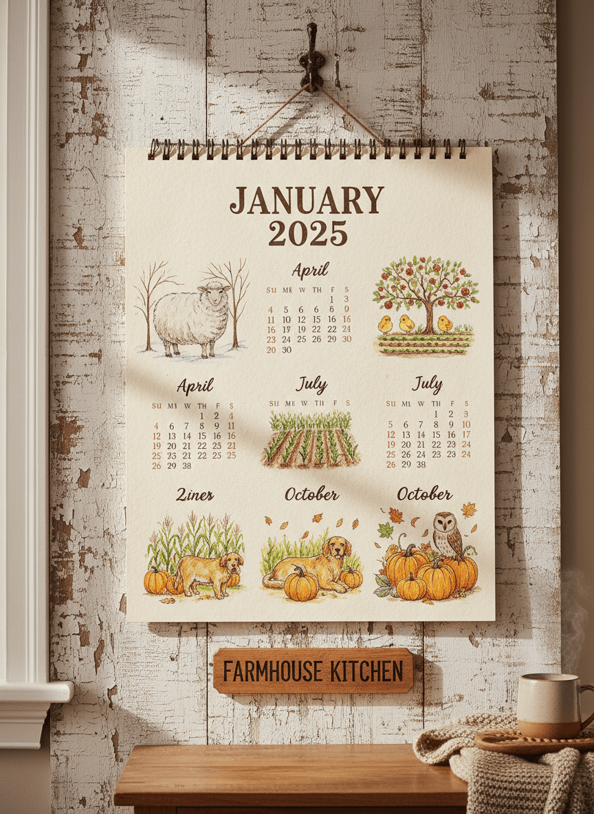 농장 동물 그림이 있는 소박한 농가 스타일의 2025년 달력.