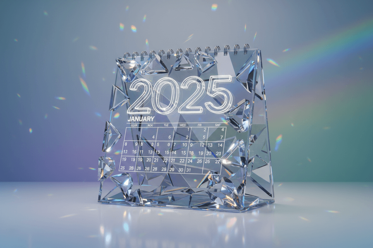 결정질의 기하학적 디자인과 프리즘 색상이 돋보이는 2025년 달력.