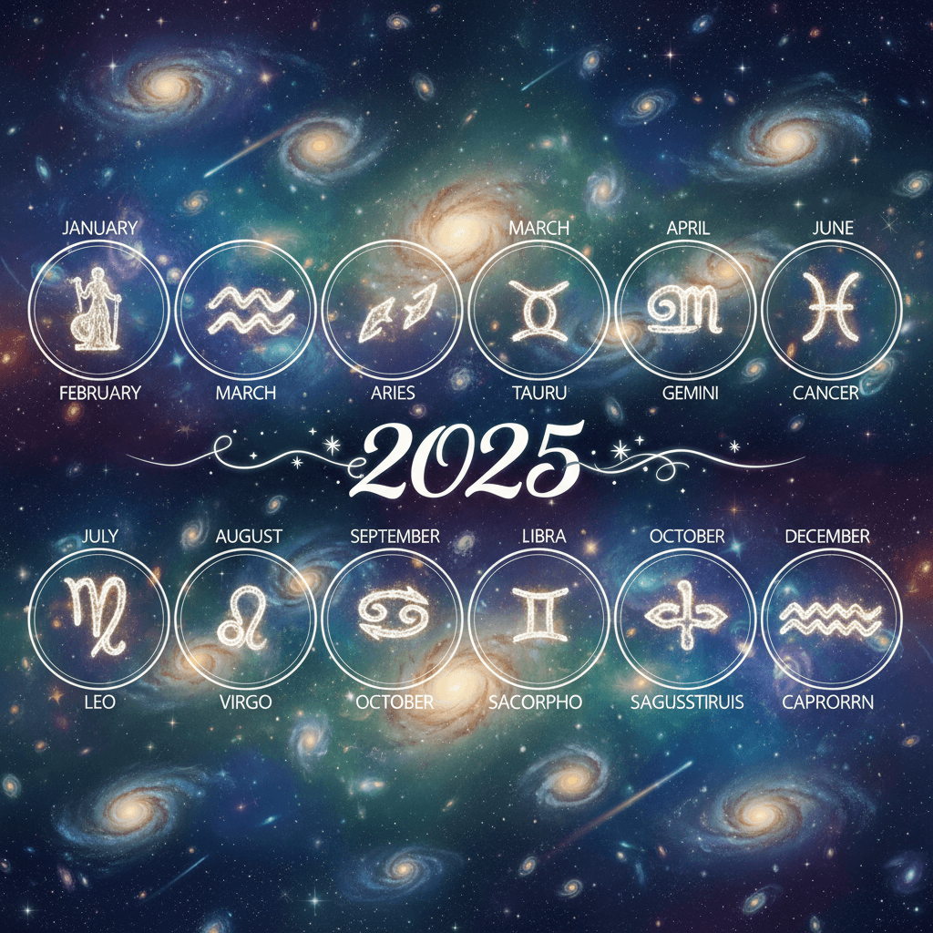 은하계 배경에 조디악 별자리가 있는 천상의 2025년 달력.