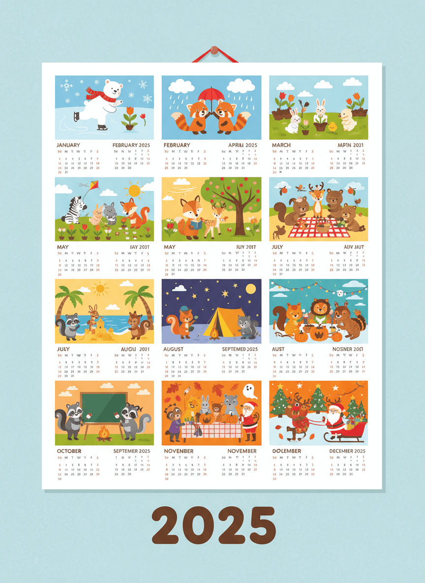 만화 동물 그림이 있는 즐거운 어린이용 2025년 달력.