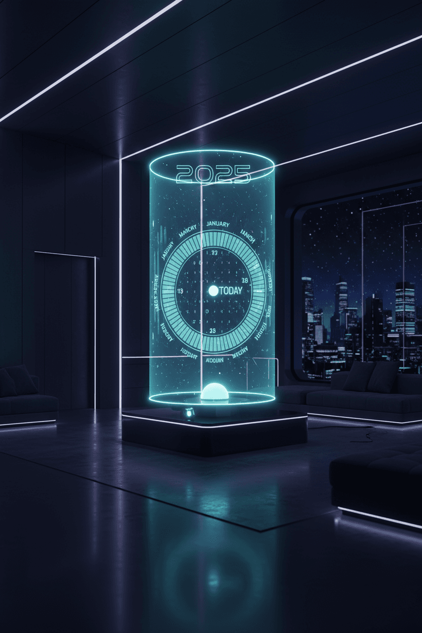 미래 지향적인 가정 환경에서 홀로그램 디스플레이로 떠 있는 개념적인 2025년 달력.