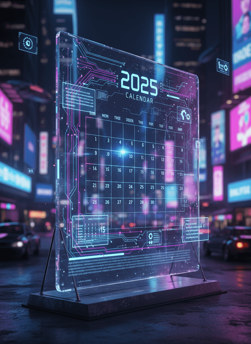 디지털 그리드 인터페이스와 사이버펑크 미학이 돋보이는 하이테크 2025년 달력.