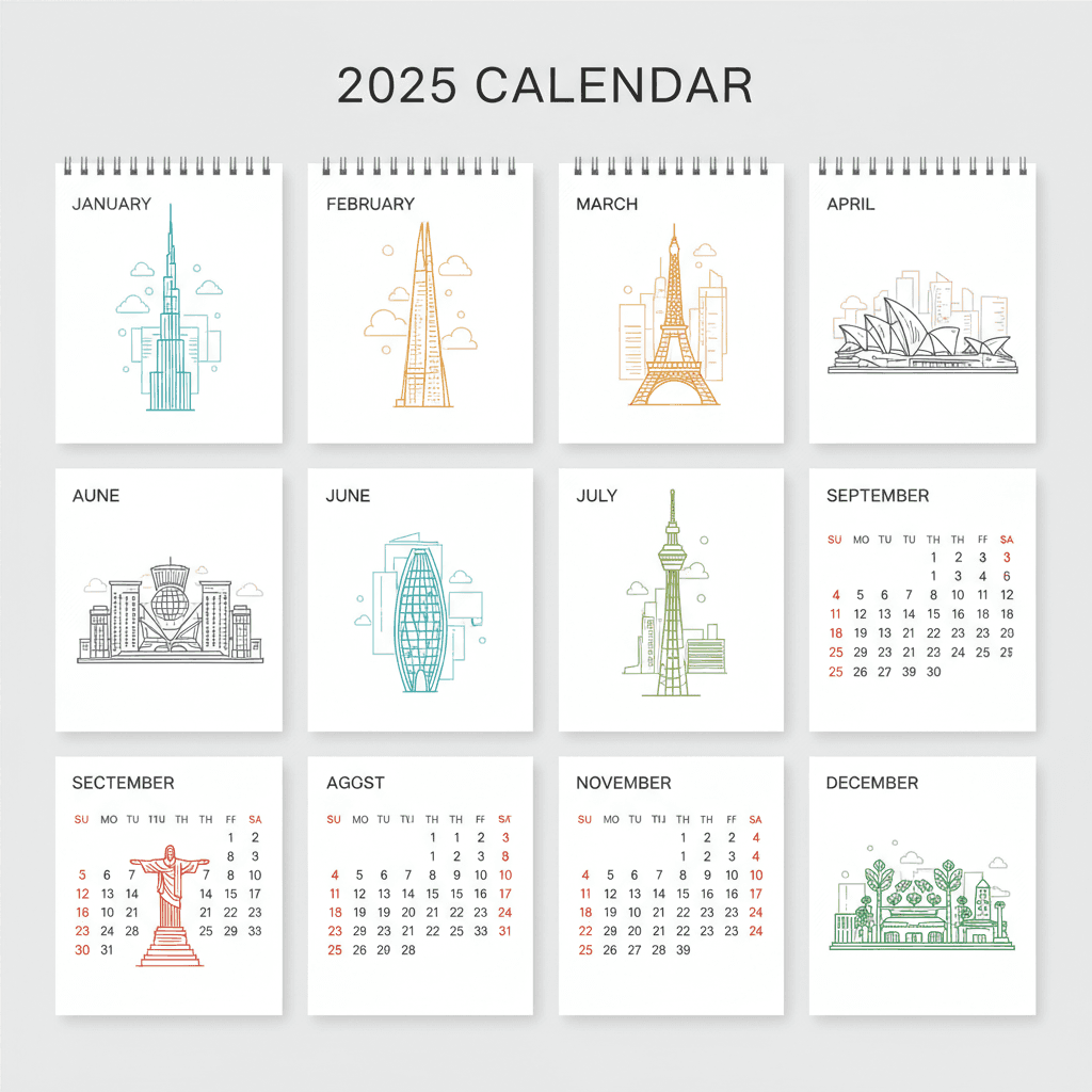 추상적인 도시 일러스트가 있는 현대적인 2025년 도시 풍경 달력.