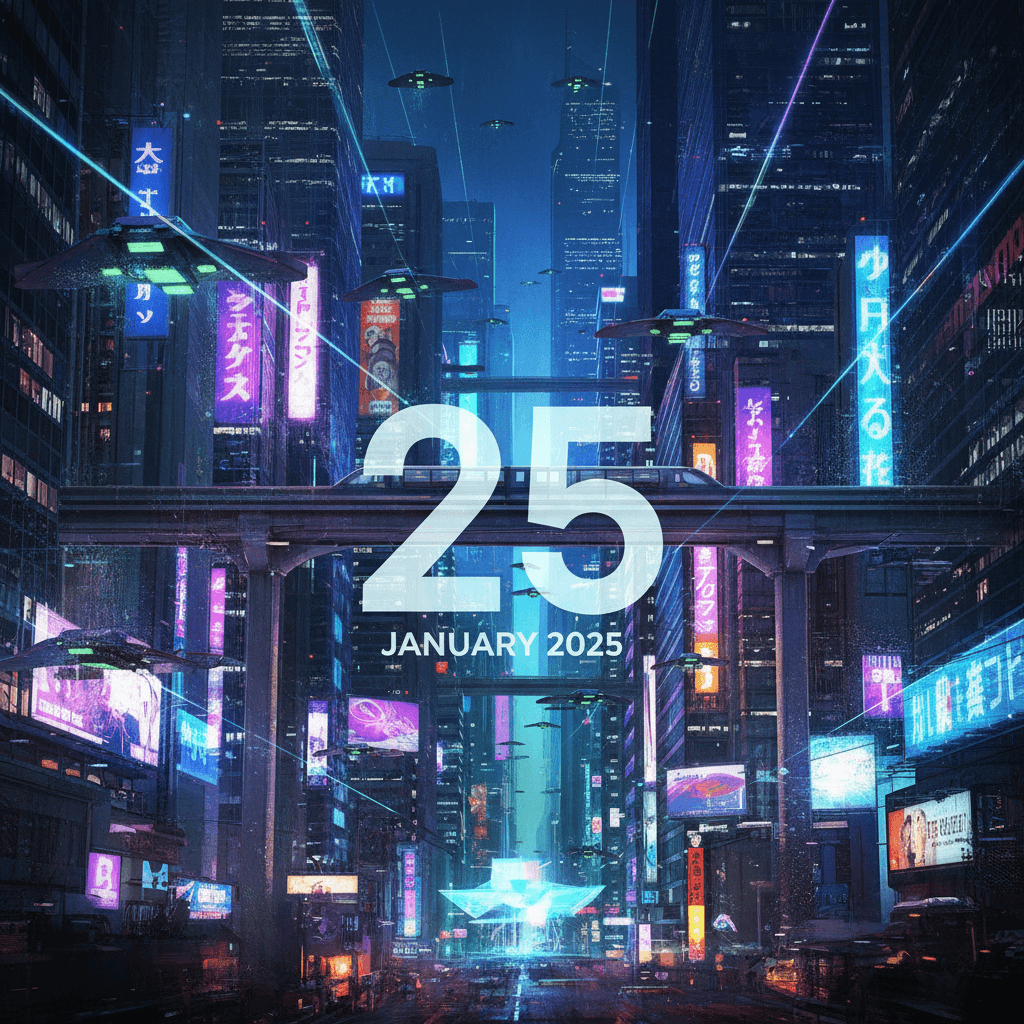 사이버펑크 스타일의 미래 도시 풍경을 담은 2025년 달력.