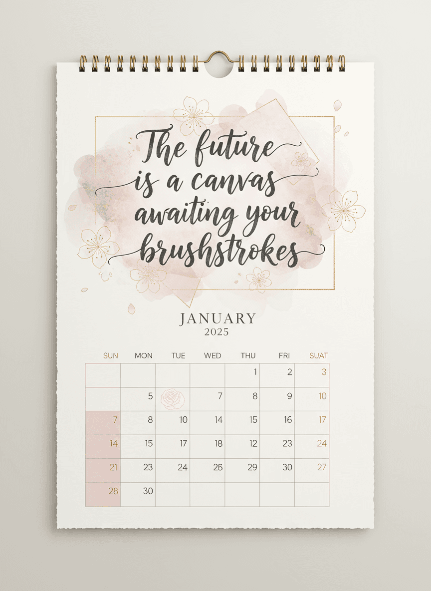 영감을 주는 인용문과 현대적인 서예가 담긴 우아한 2025년 달력.