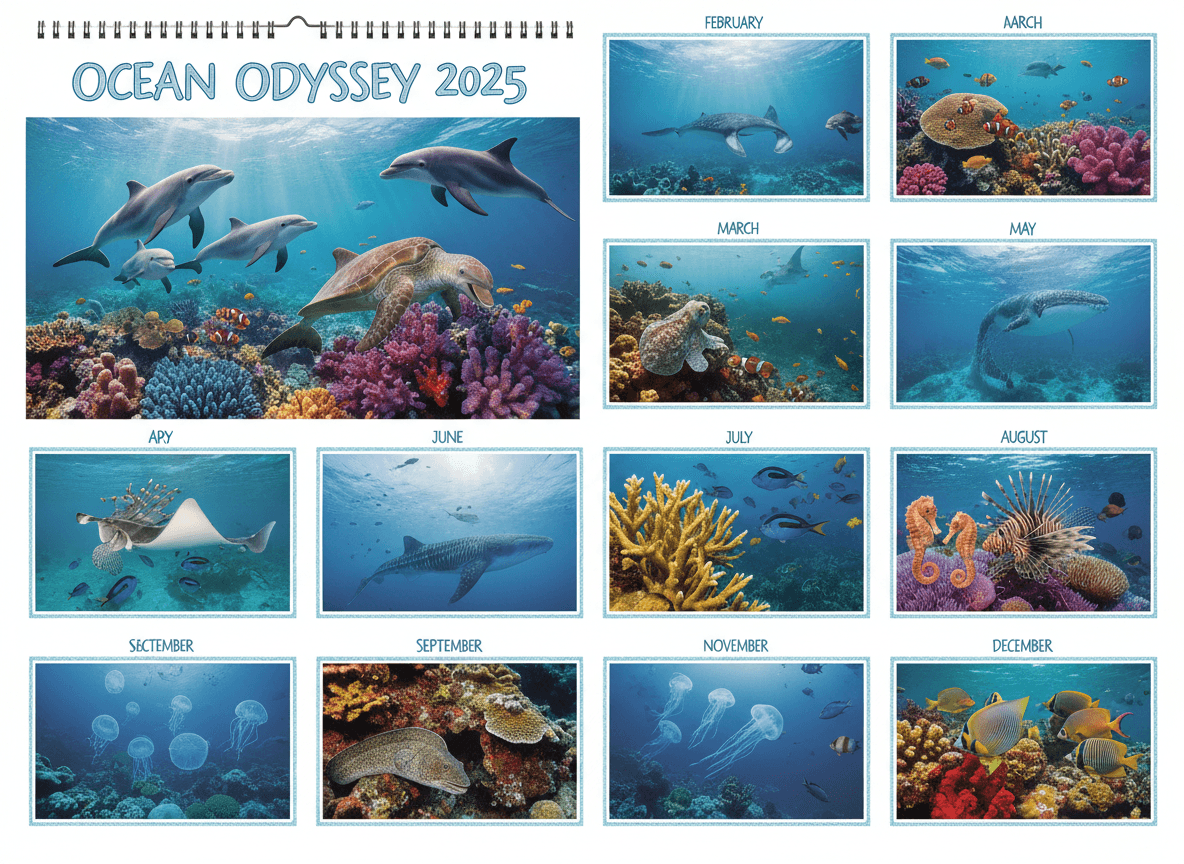 다양한 해양 생물과 다채로운 산호초를 담은 생생한 2025년 달력.