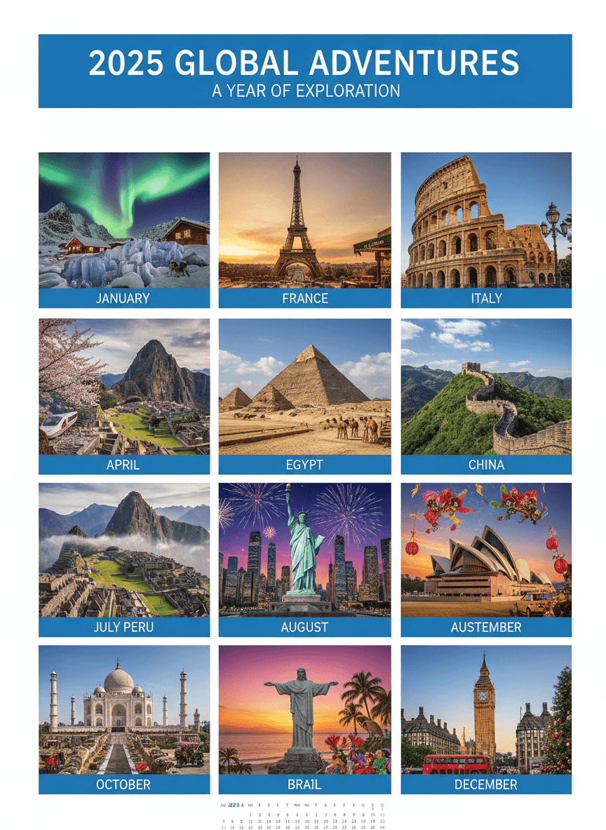 세계의 유명 랜드마크 사진이 담긴 멋진 2025년 여행 달력.