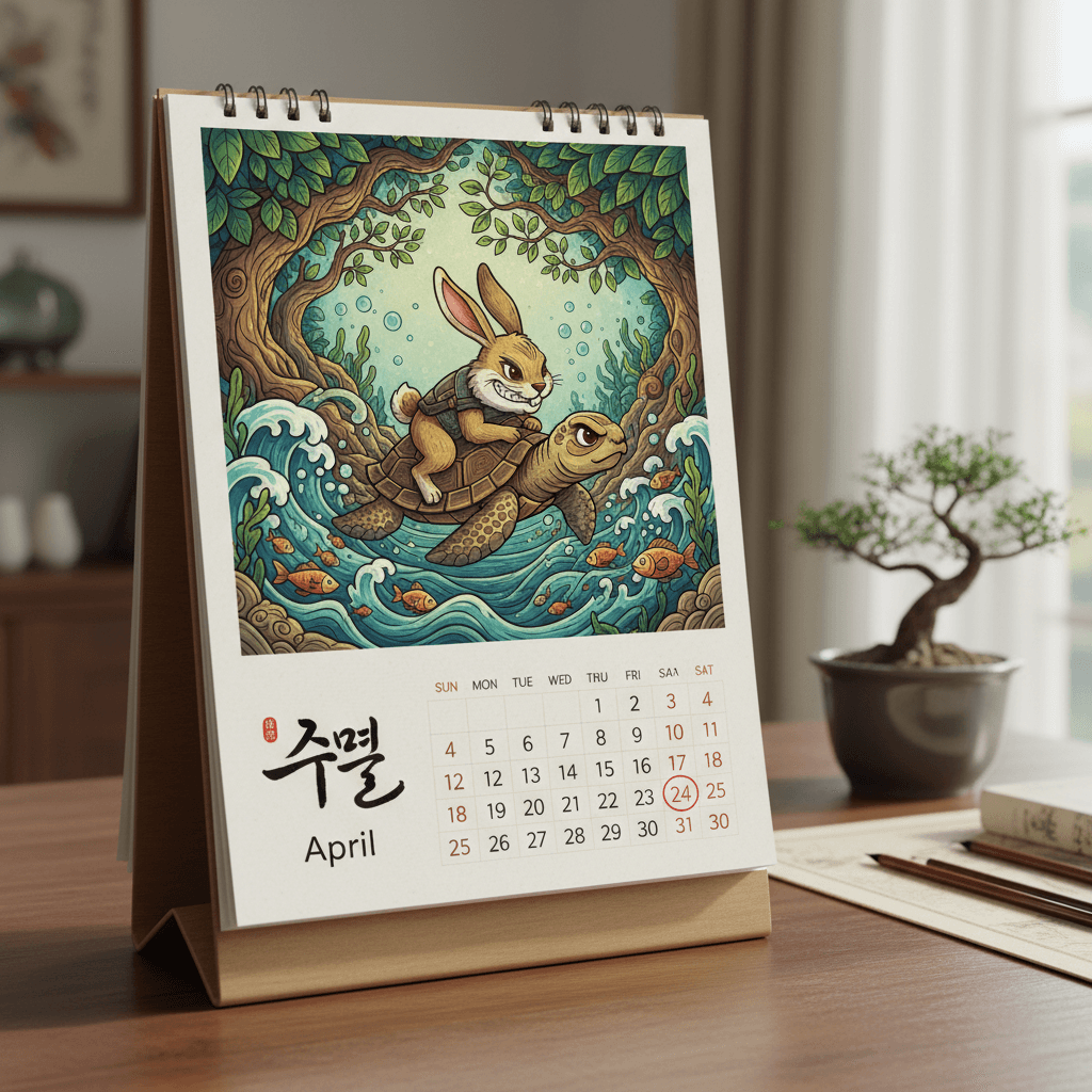 고전 한국 문학 작품에서 영감을 받은 일러스트가 있는 2025년 달력.