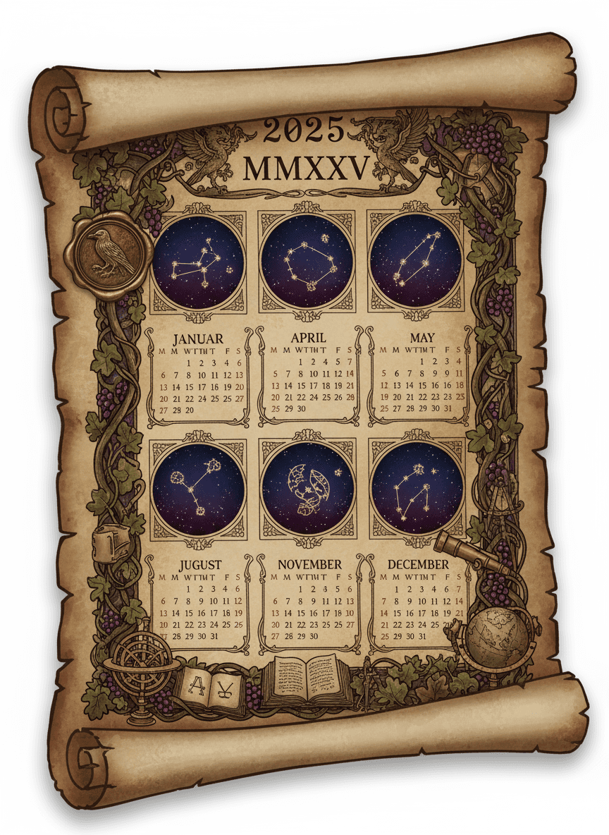 고대 채색 필사본 두루마리 스타일의 다크 아카데미아 2025년 달력.