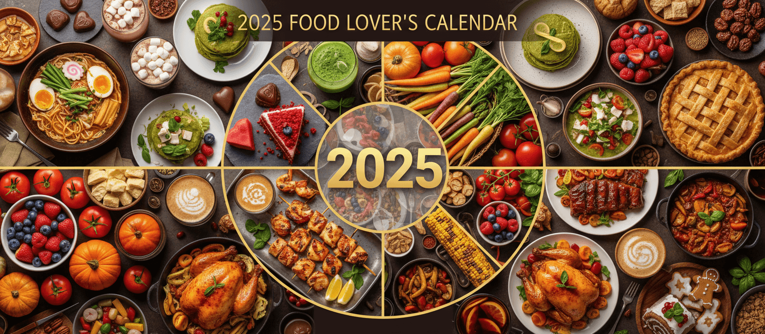 계절별 음식의 극사실적인 사진이 있는 음식 테마의 2025년 달력.