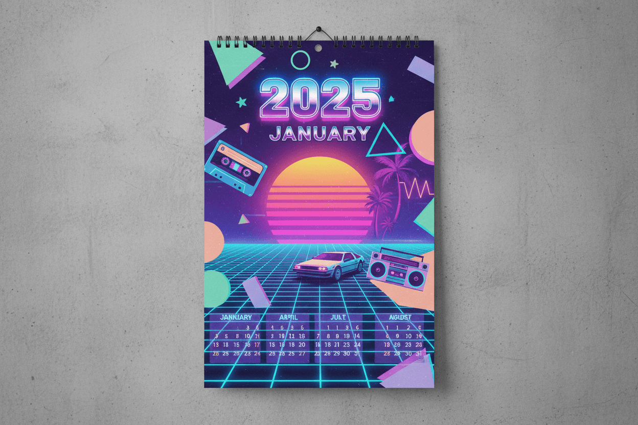 네온 색상과 신스웨이브 요소가 있는 1980년대 복고풍 테마의 2025년 달력.