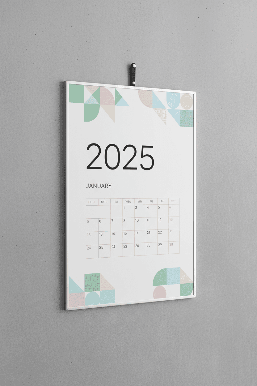파스텔 기하학적 패턴이 있는 미니멀한 2025년 벽걸이 달력.