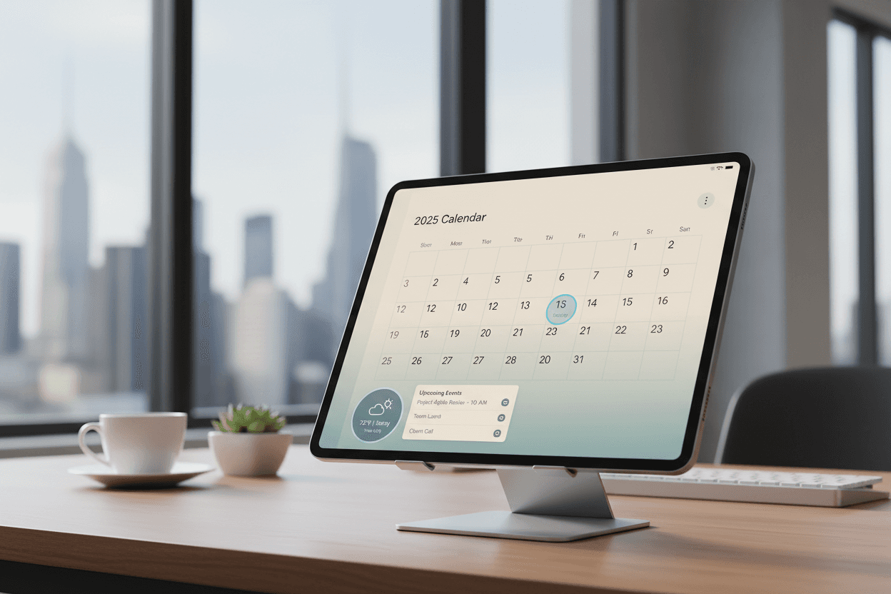 매끄러운 태블릿 화면에 표시된 2025년 달력 애플리케이션.