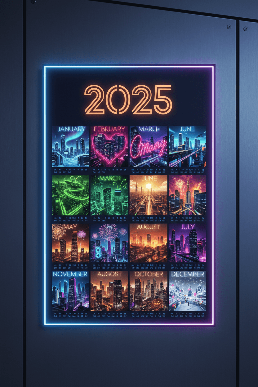 네온 도시 풍경과 역동적인 타이포그래피가 각 달마다 그려진 미래 지향적인 2025년 벽 달력.