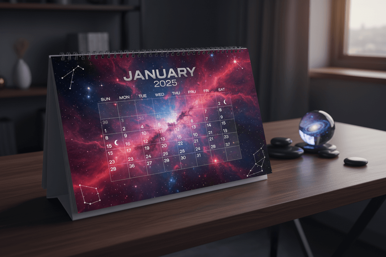 성운과 은하가 특징인 우주 테마의 2025년 달력.