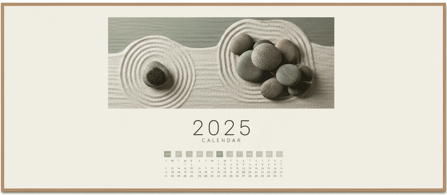 평온하고 차분한 색상으로 젠 가든에서 영감을 받은 2025년 달력.