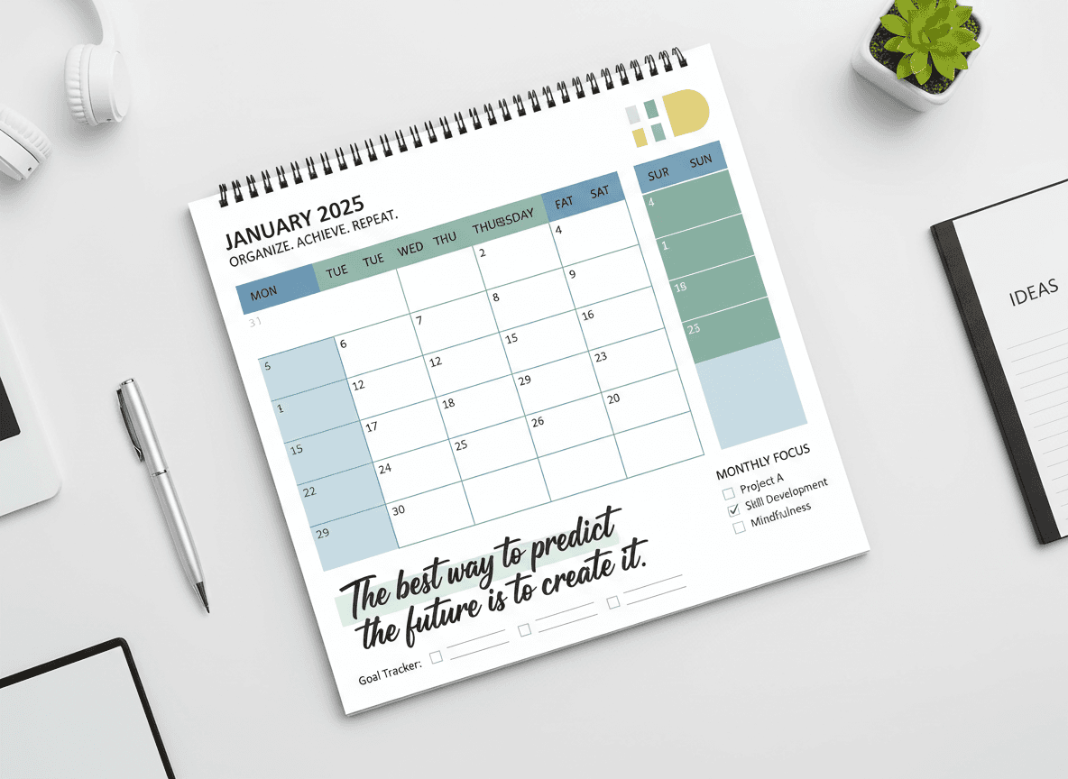 명확한 격자와 동기 부여 문구가 있는 생산성 중심의 2025년 달력 디자인.