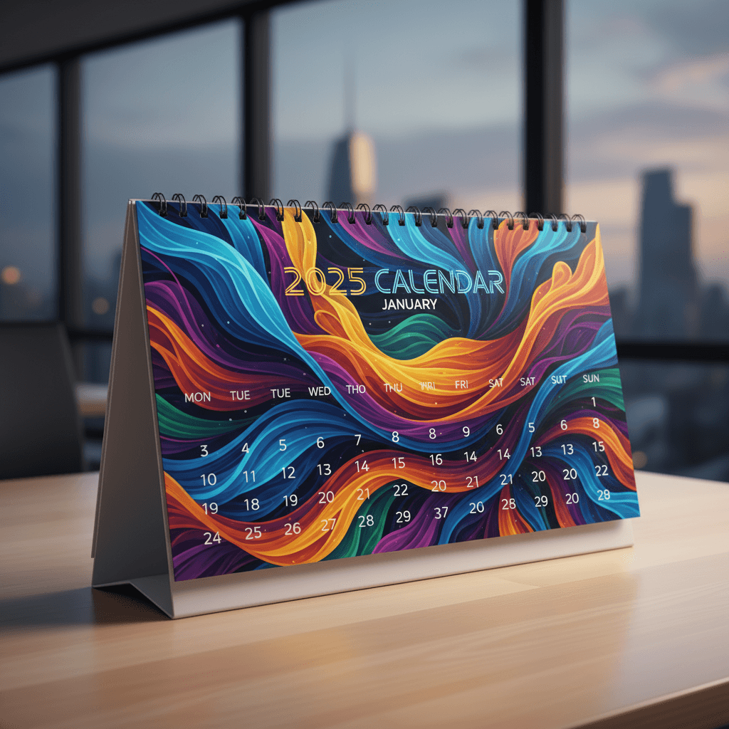 시간의 흐름을 나타내는 역동적이고 흐르는 듯한 추상 패턴의 2025년 달력.