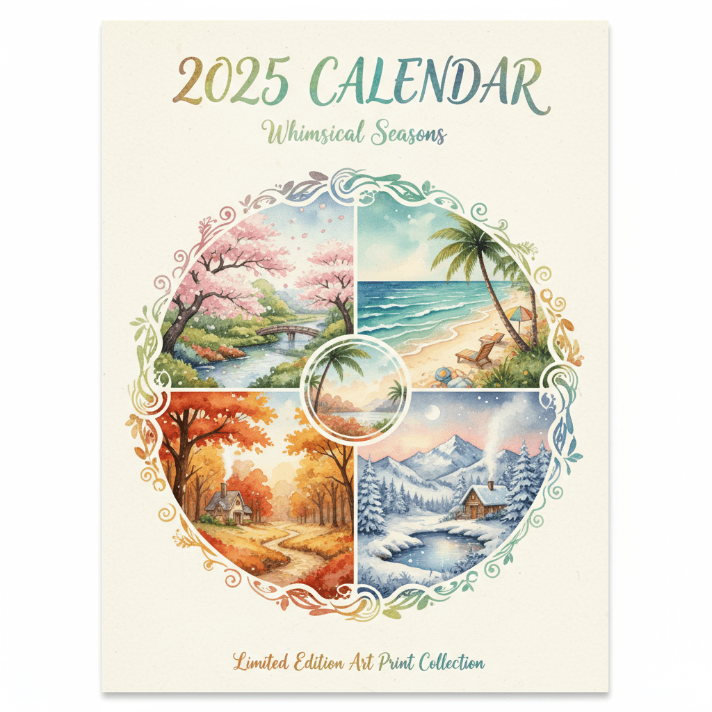 수채화 계절 풍경 그림이 있는 예술적인 2025년 달력.