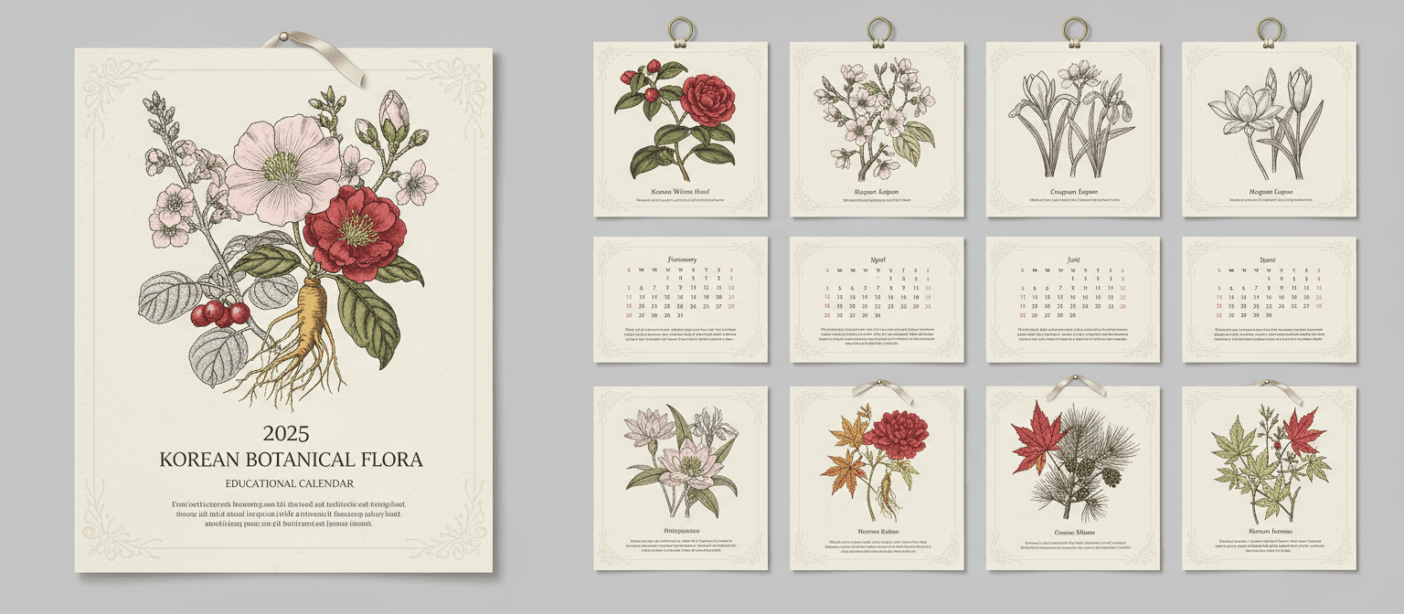 다양한 식물과 꽃의 섬세한 그림이 특징인 정교한 2025년 식물 달력.