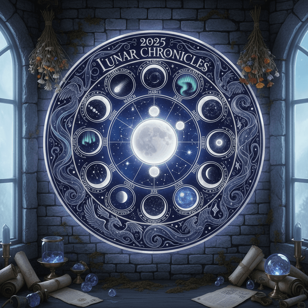 달의 위상과 천문학적 현상이 아름답게 그려진 고요하고 신비로운 2025년 음력 달력.