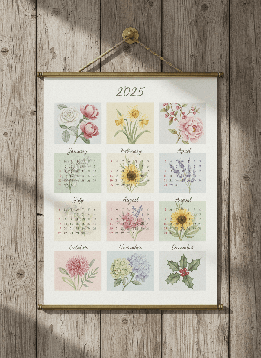 부드러운 수채화 꽃무늬로 수작업으로 그려진 2025년 벽걸이 달력.