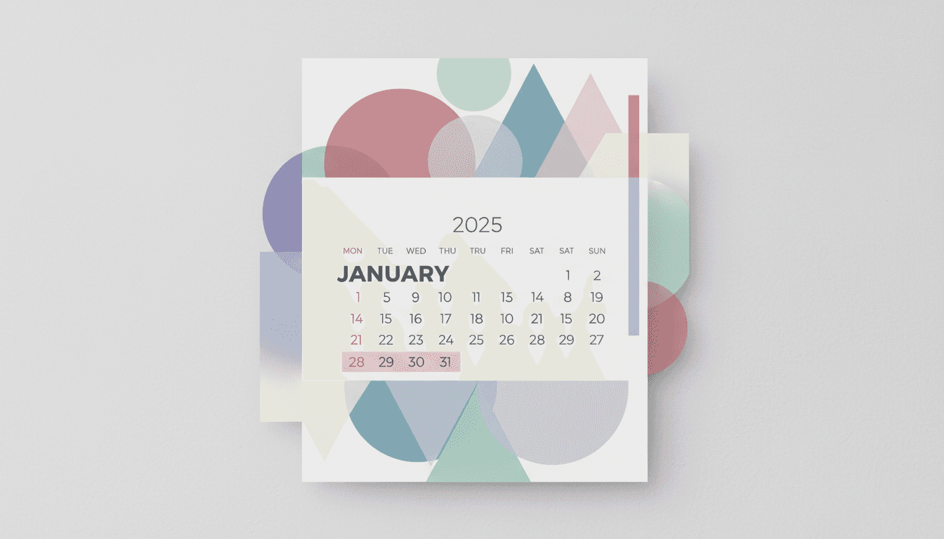 기하학적 도형과 파스텔 색상을 사용한 모던하고 추상적인 2025년 달력.