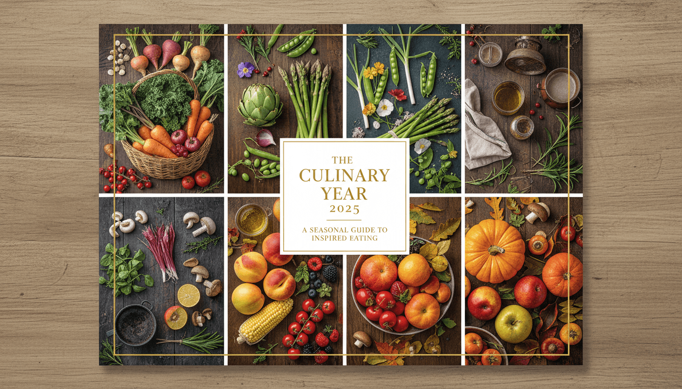 각 달마다 제철 재료에 맞는 아름다운 음식 사진이나 그림이 담긴 요리 테마의 2025년 달력.