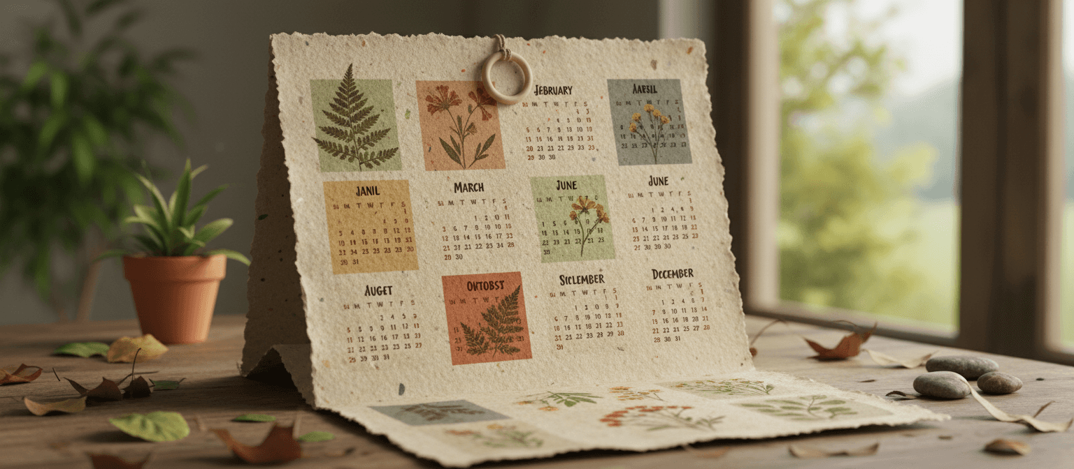 재활용 종이에 식물 일러스트가 그려진 친환경 2025년 달력.