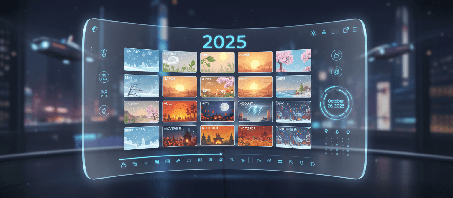 날씨 변화나 계절 전환을 미묘한 모션 그래픽으로 보여주는 디지털 화면의 2025년 애니메이션 달력.