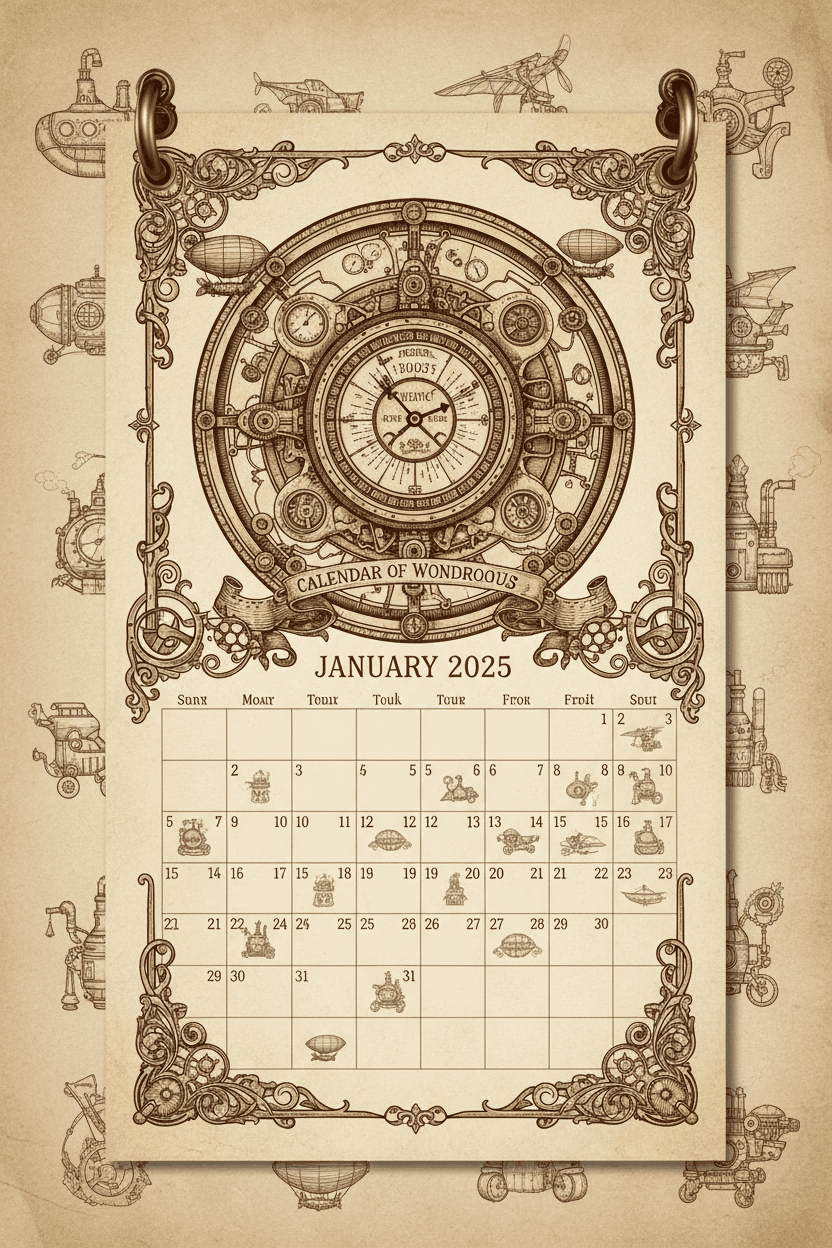 정교한 스팀펑크 발명품이 담긴 창의적인 2025년 달력.
