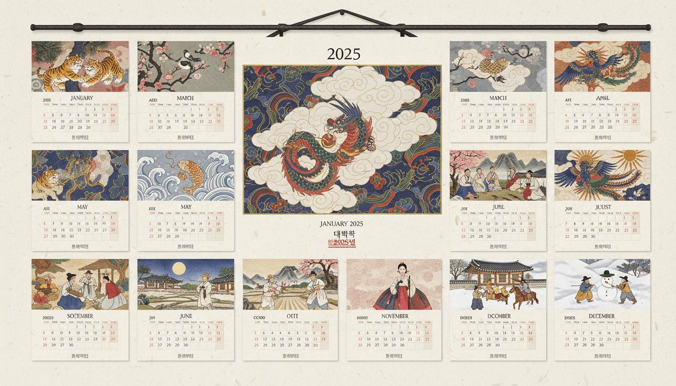 전통 한국 문양과 민화 요소를 결합한 2025년 달력.