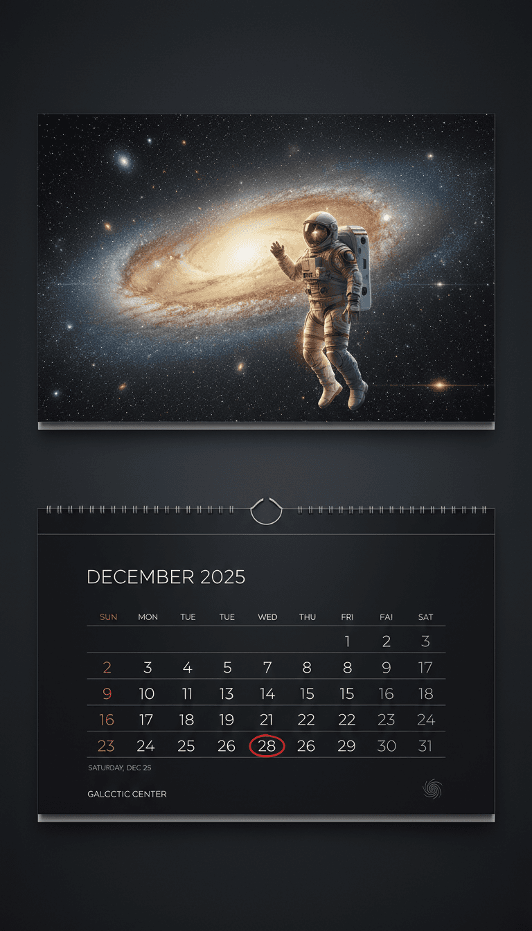 우주와 천체를 탐험하는 우주비행사를 담은 2025년 달력.
