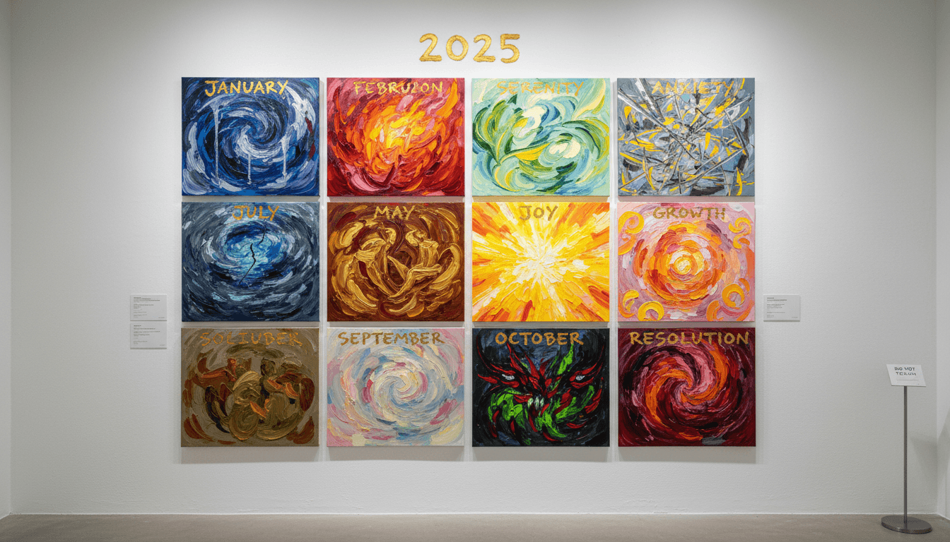 대담한 붓놀림과 임파스토 질감이 있는 표현적인 손으로 그린 2025년 달력.