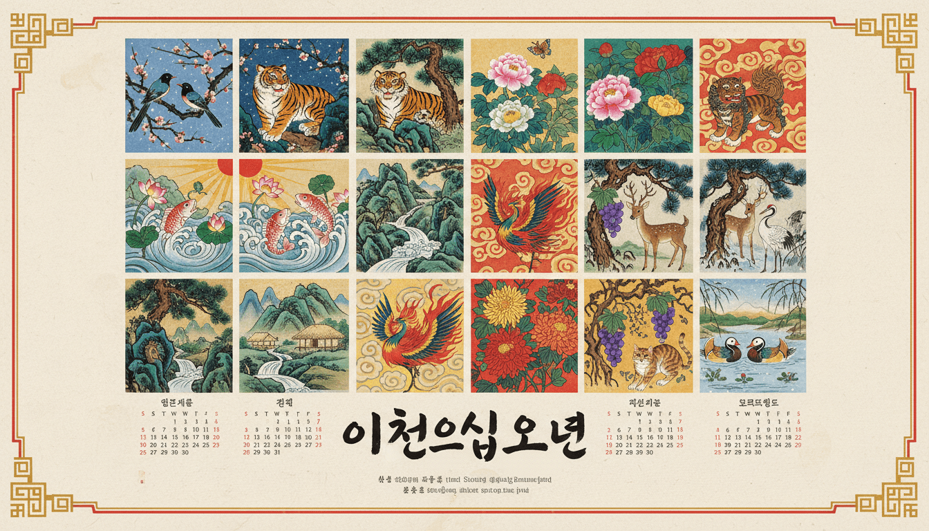 길조 상징이 담긴 한국 전통 민화 스타일의 2025년 달력.
