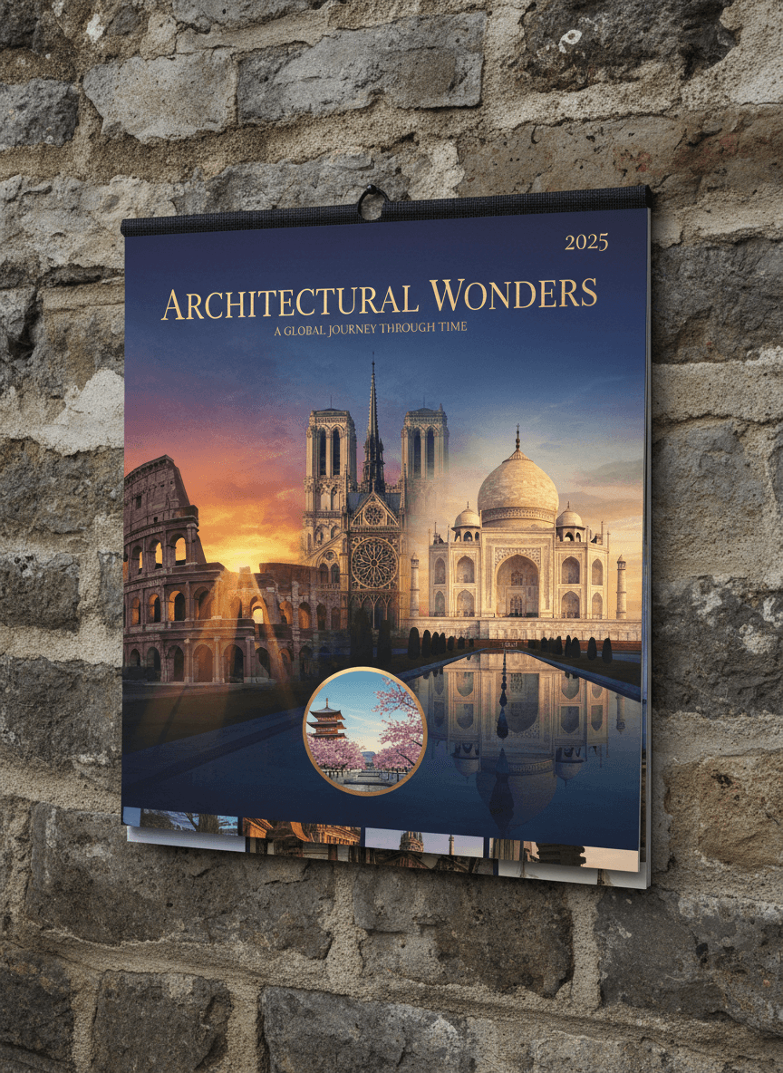 세계의 유명 건축물을 전시하는 웅장한 2025년 달력.
