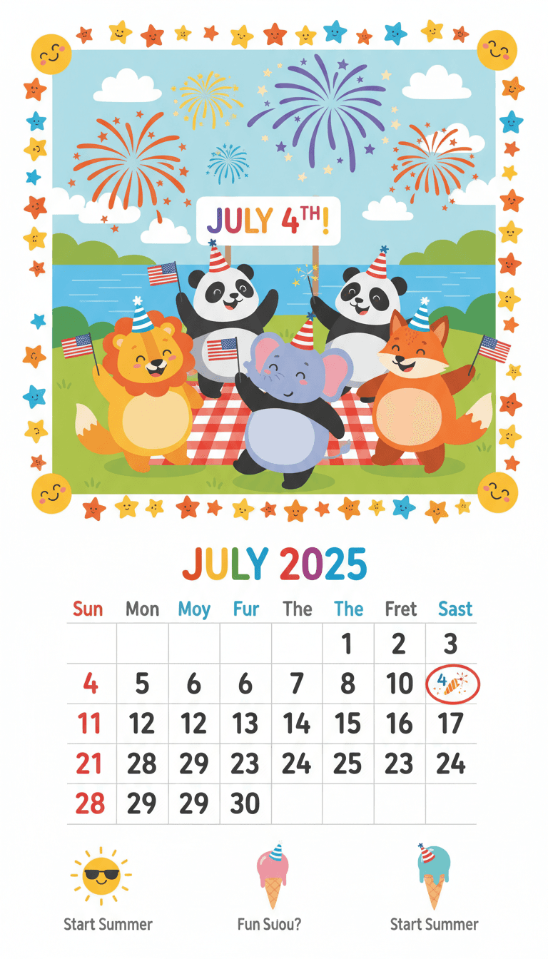 귀여운 만화 동물들이 등장하는 아이들을 위한 장난기 가득한 2025년 달력.