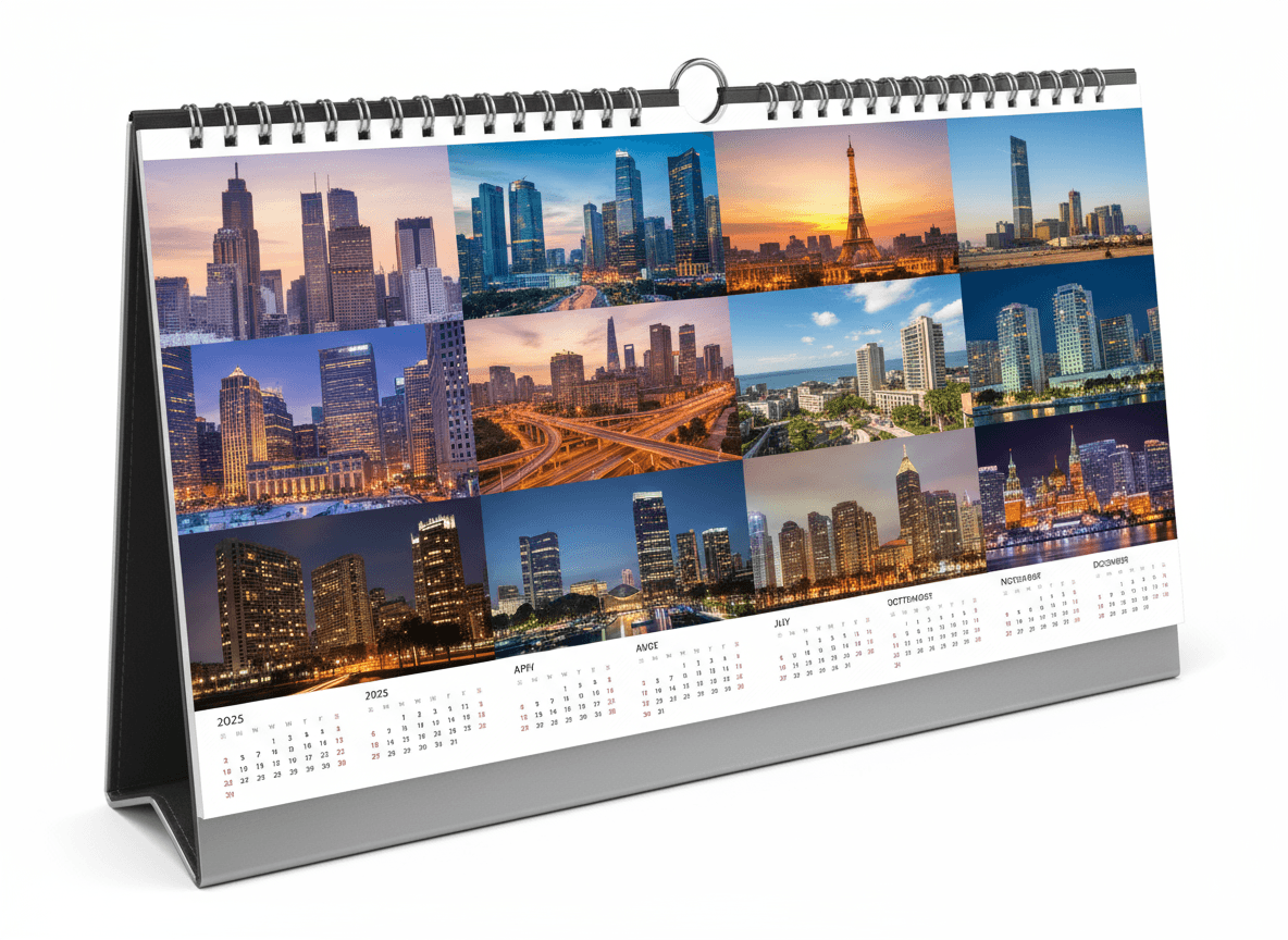 낮과 밤이 변화하는 고층 도시 풍경이 담긴 세련된 2025년 달력.
