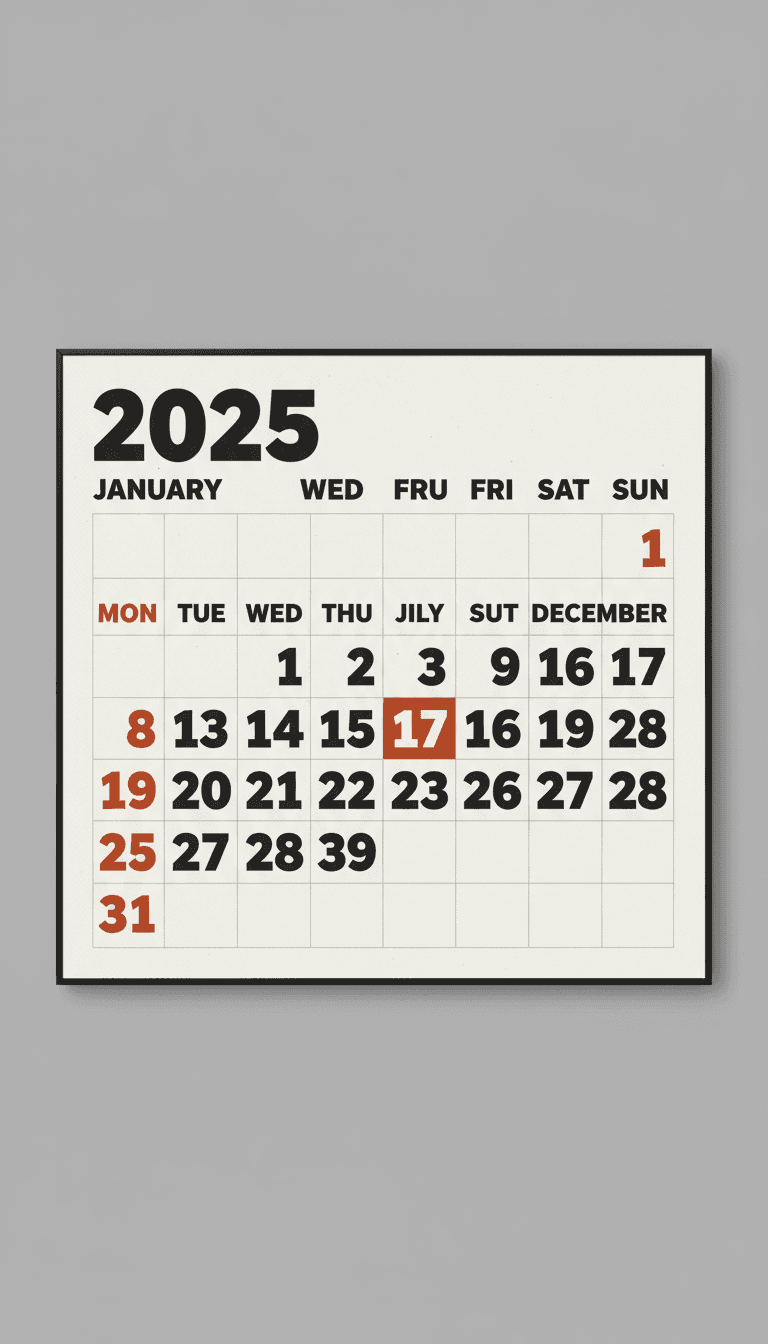 굵은 서체와 단색 구성을 특징으로 하는 미니멀리스트 2025년 달력.