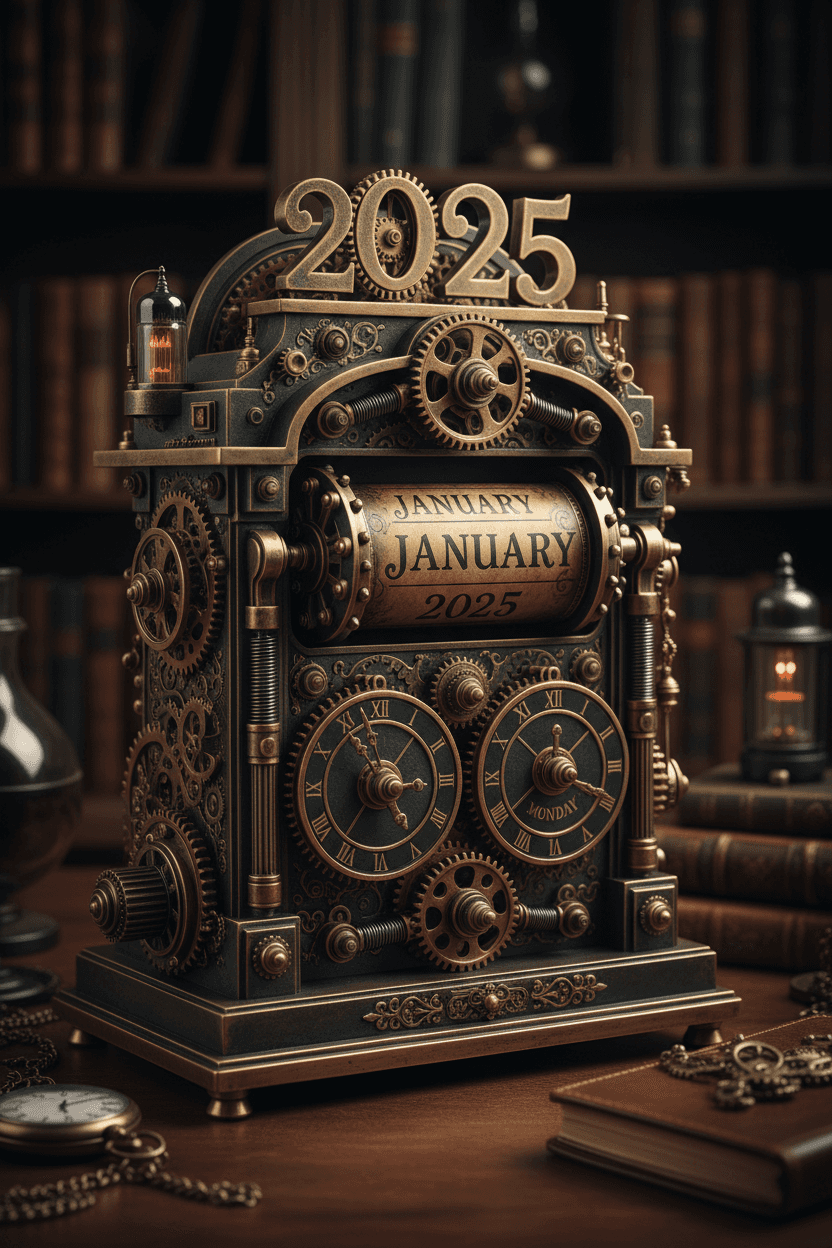 톱니바퀴와 빅토리아 시대 메커니즘이 있는 스팀펑크 2025년 달력.