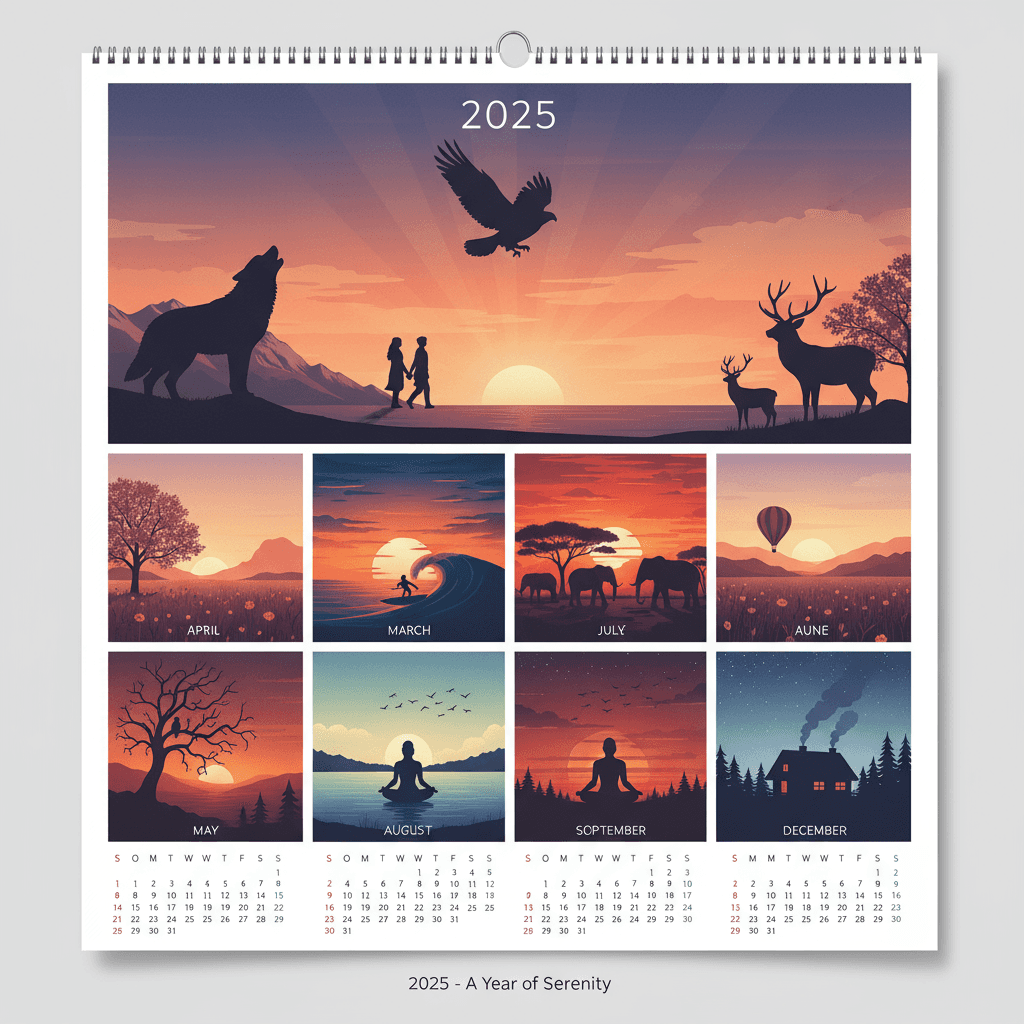 활기찬 배경에 예술적인 실루엣이 있는 고요한 2025년 달력.