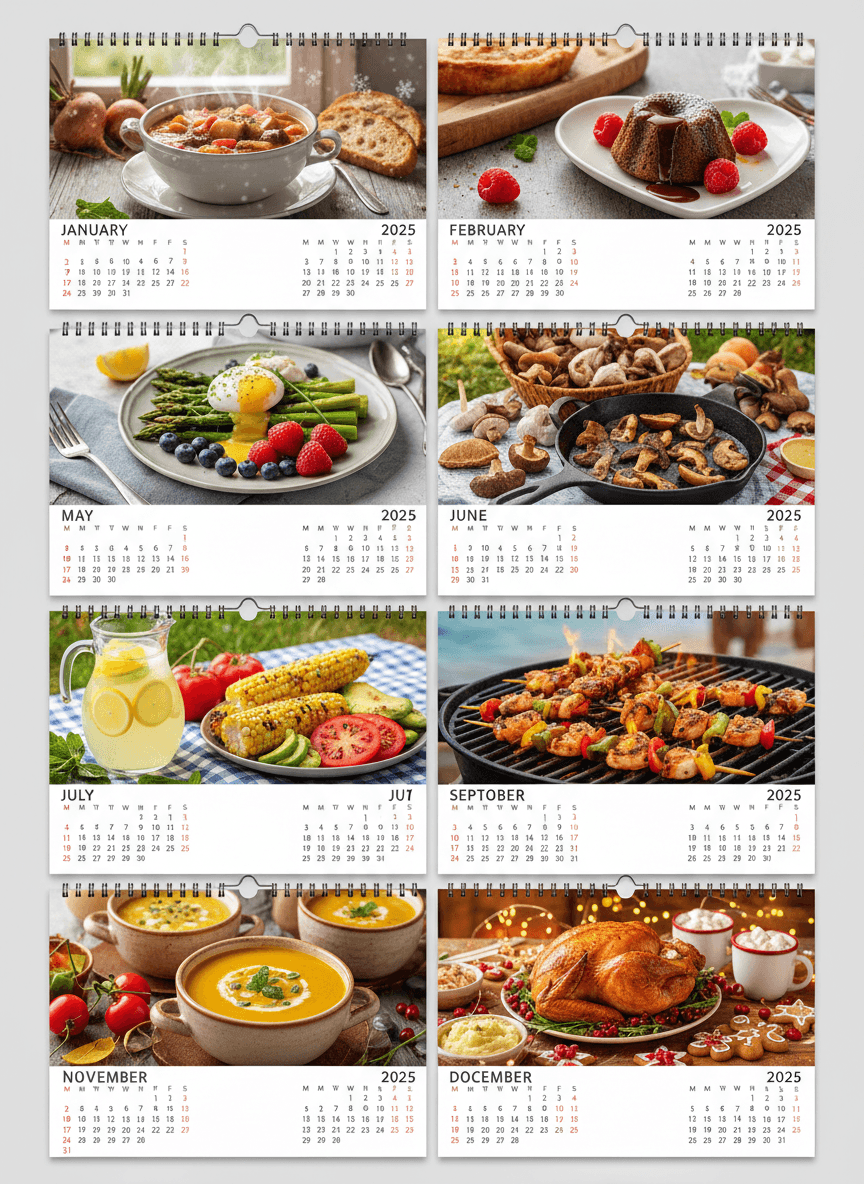 제철 식재료와 요리 일러스트가 담긴 음식 테마 2025년 달력.