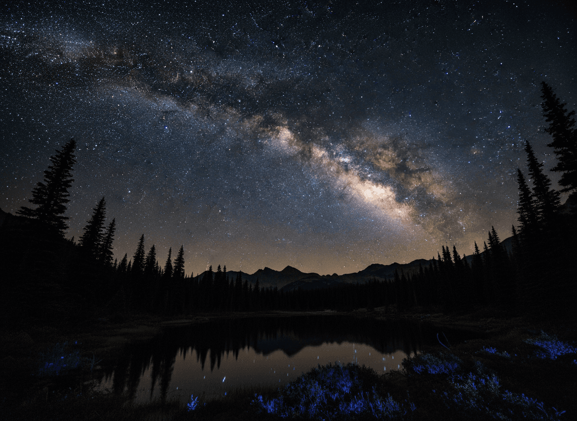 어두운 밤하늘을 가로지르는 숨막히는 은하수와 나무 실루엣의 웅장한 4K 배경화면.