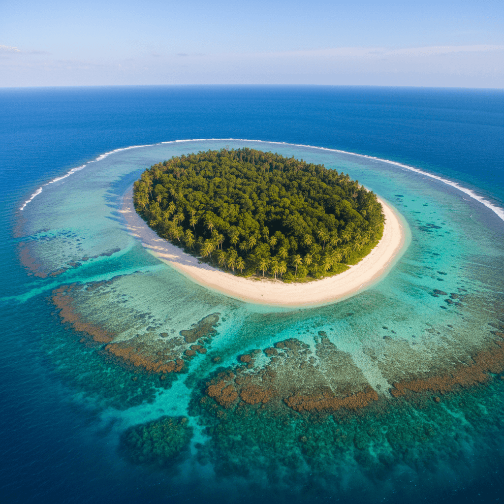 하얀 모래사장, 청록색 바다, 무성한 녹색 열대우림이 있는 열대 섬의 숨막히는 4K 항공 사진 배경화면.