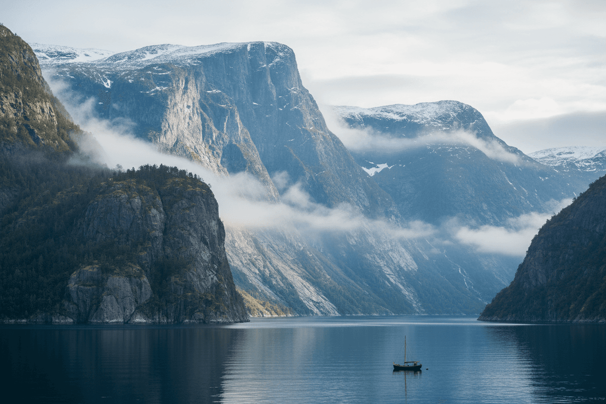 우뚝 솟은 절벽과 잔잔한 푸른 물이 특징인 드라마틱한 북유럽 피요르드 4K 배경화면.