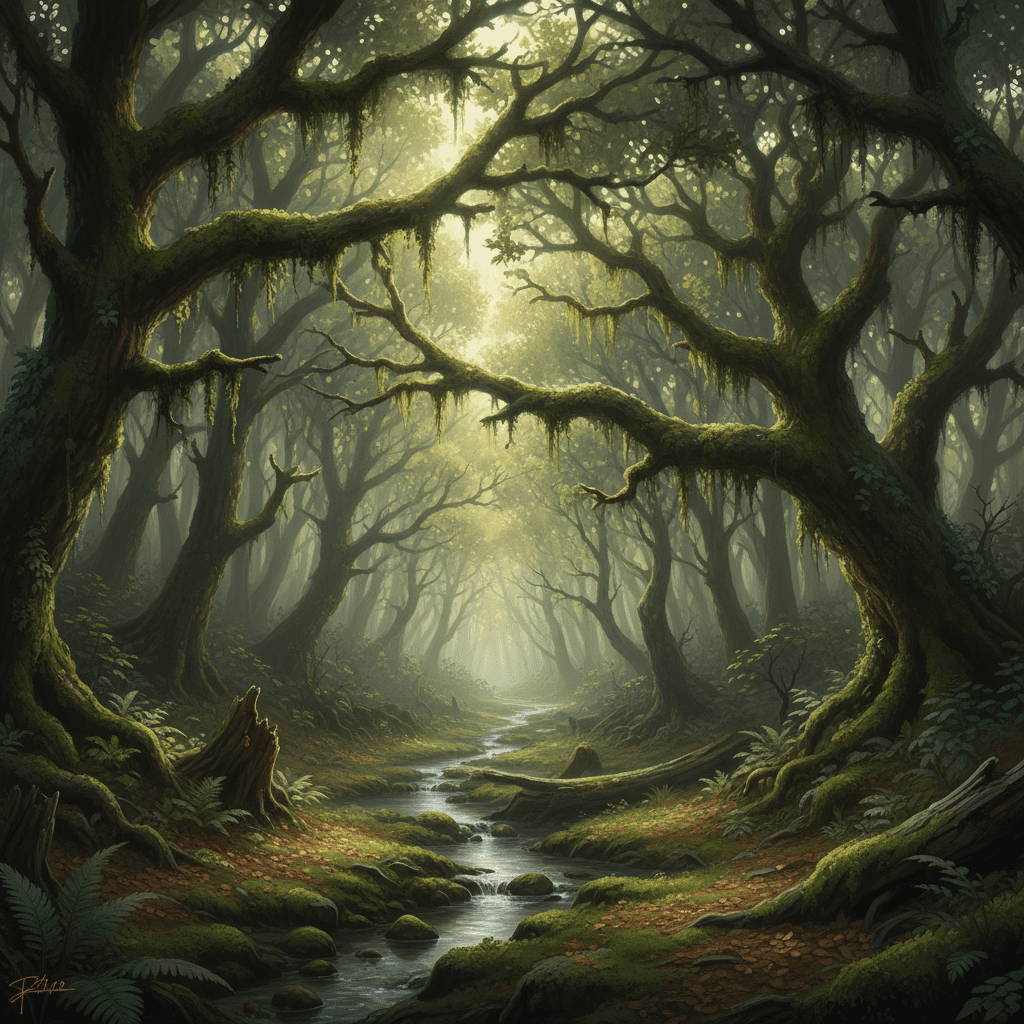 울창한 숲 캐노피를 뚫고 들어오는 햇살, 옅은 안개, 이끼 덮인 나무들이 어우러진 고요한 숲 풍경의 4K 배경화면입니다.