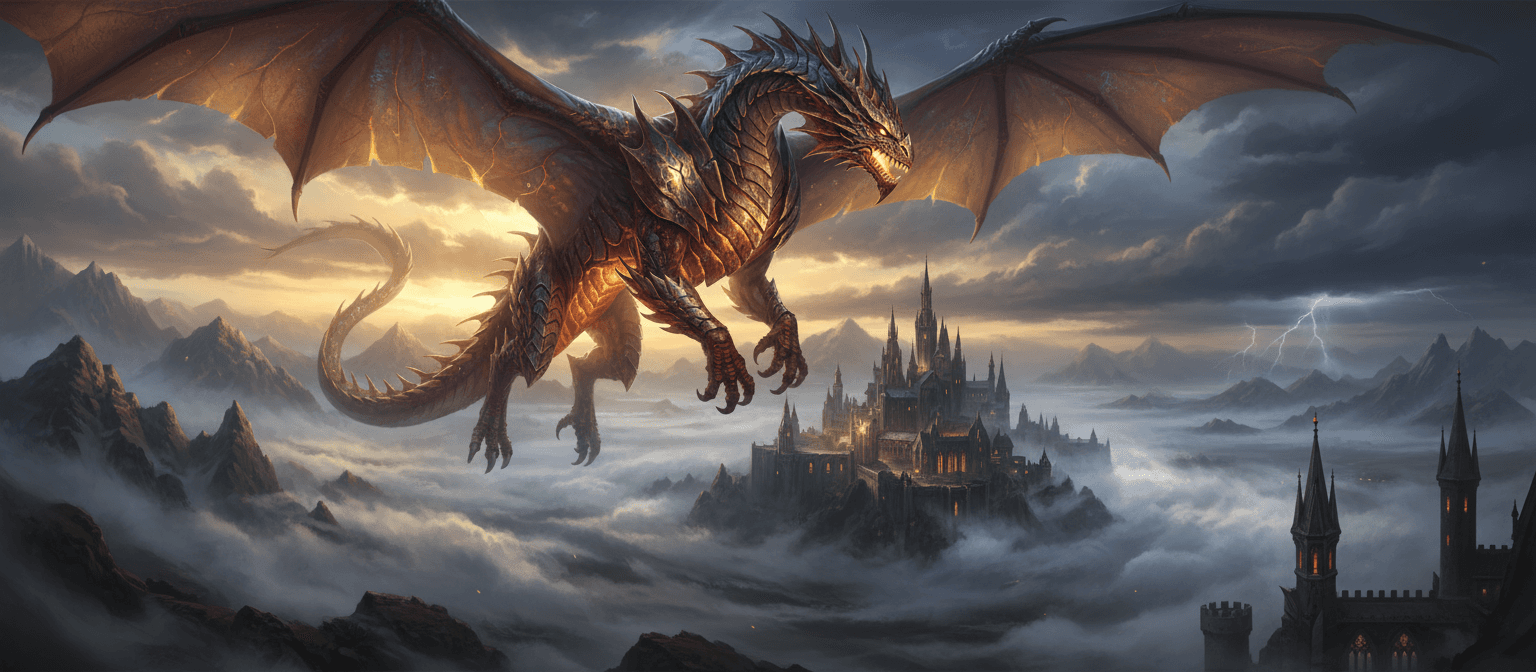 안개 낀 성 위로 솟아오르는 빛나는 비늘을 가진 서사적인 판타지 용 4K 배경화면.