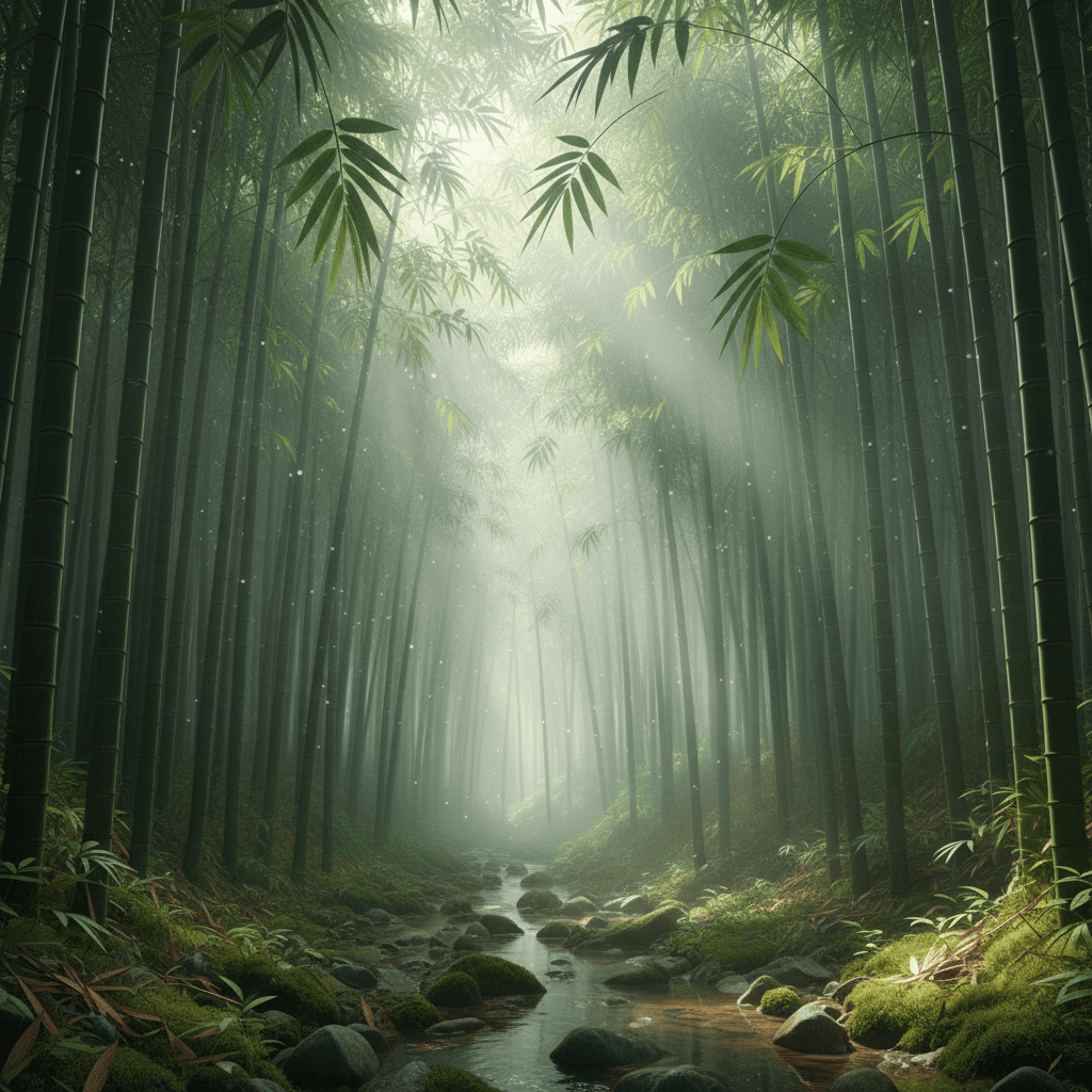 안개 낀 대나무 숲의 고요한 4K 배경화면, 높은 대나무 사이로 부드러운 빛이 스며들고 잎사귀에 이슬이 맺혀 있습니다.