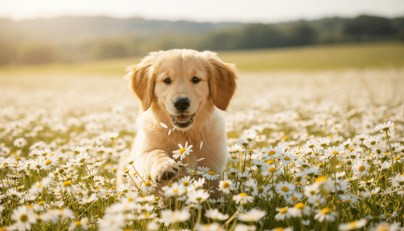 환하고 화창한 날 데이지 꽃밭에서 행복하게 뛰어노는 사랑스러운 골든 리트리버 강아지의 4K 배경화면입니다.